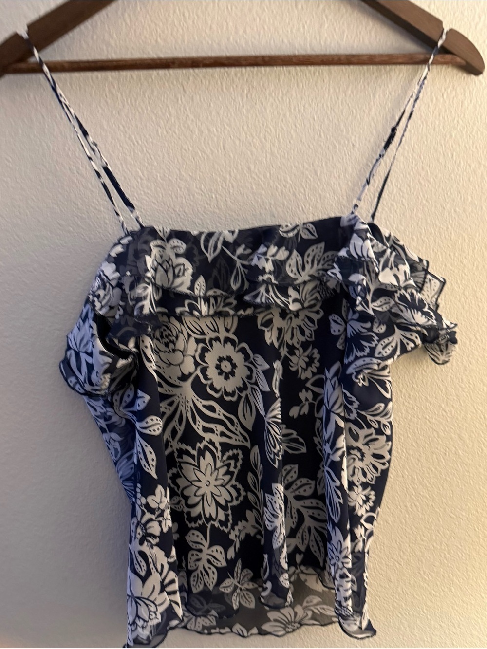 Navy and White Floral Ruffle-Trim Camisole